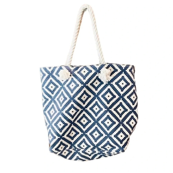 Summer & Rose rope handle beach tote bag blue white geometric diamond pattern - Picture 1 of 8